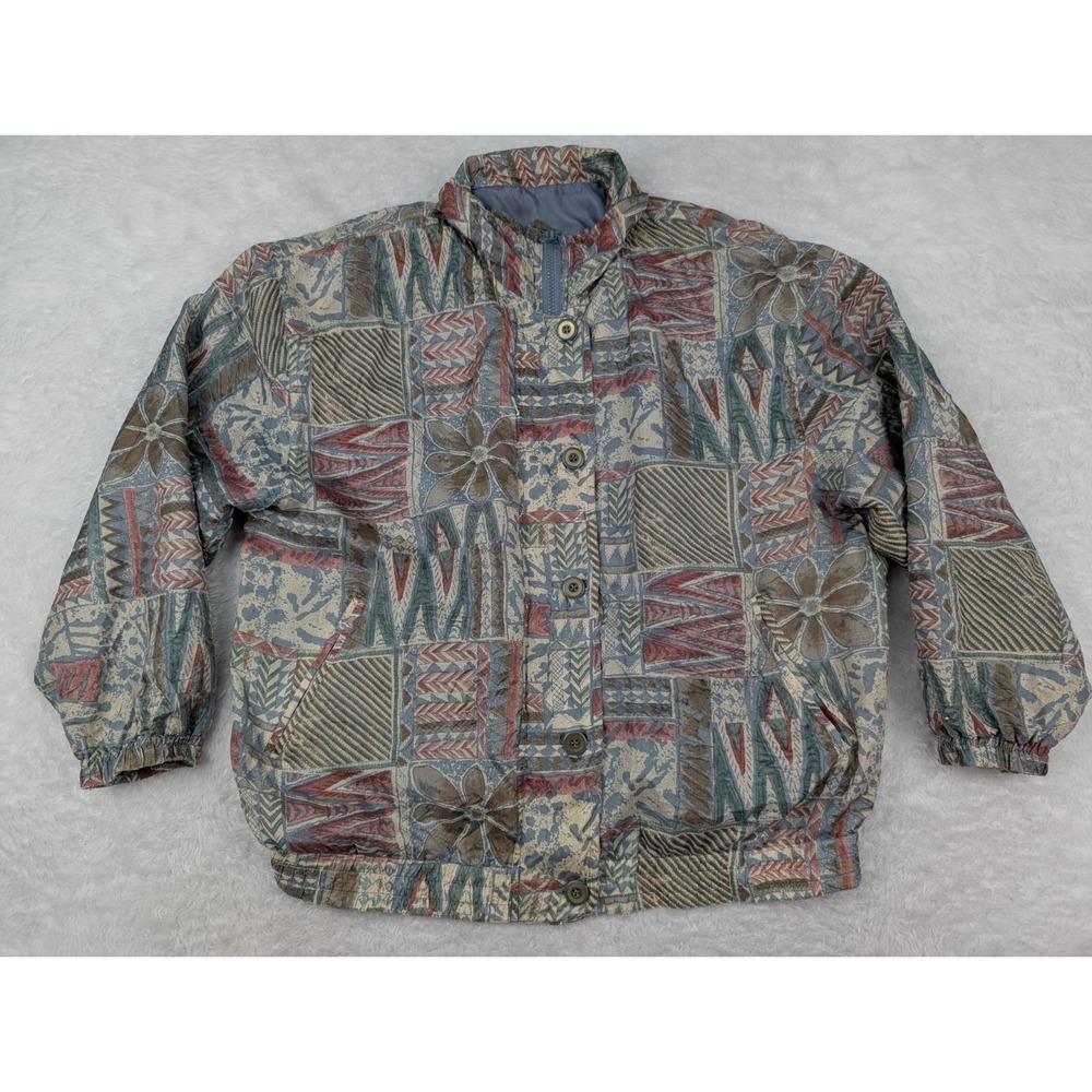 Vintage 80s 100% Silk Jacket Women's Size M Floral Geo Print Full Zip Multicolor